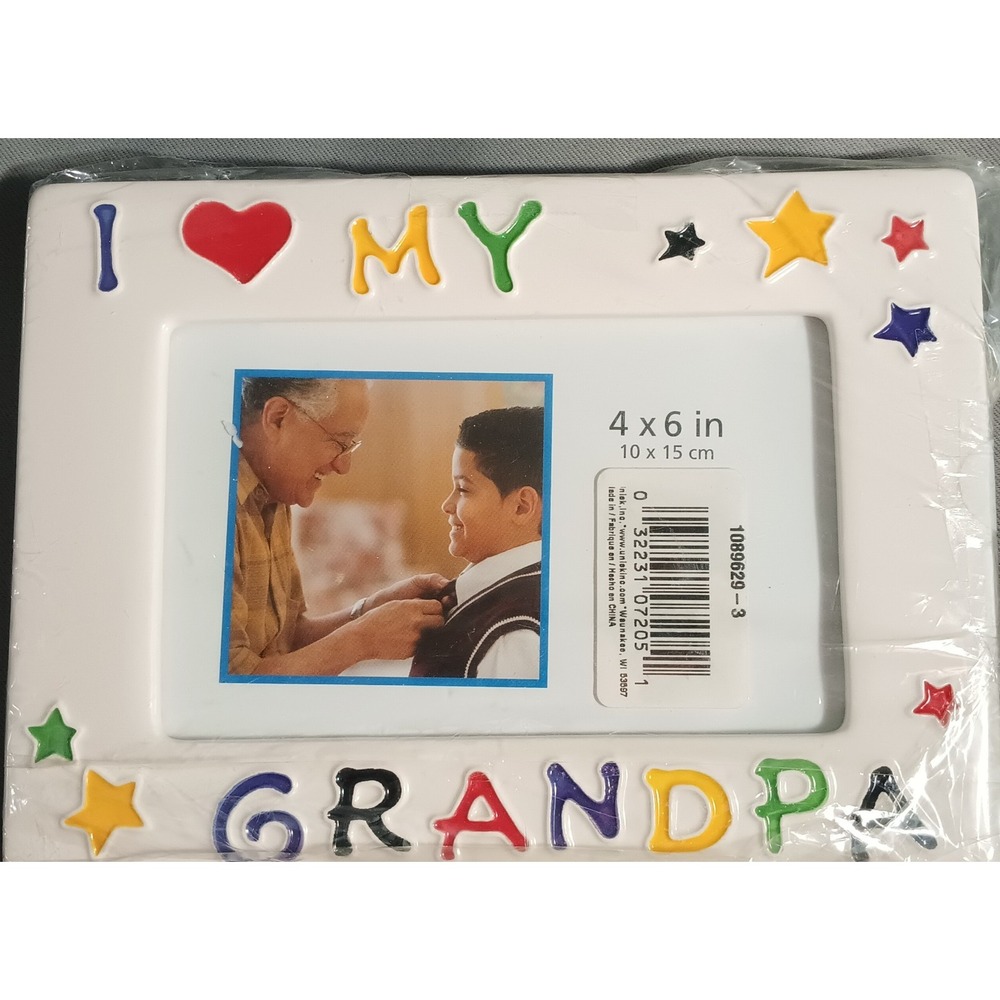 New 4 X 6  I Love My Grandpa‎ White Ceramic Picture Frame Stars Heart Multicolor
